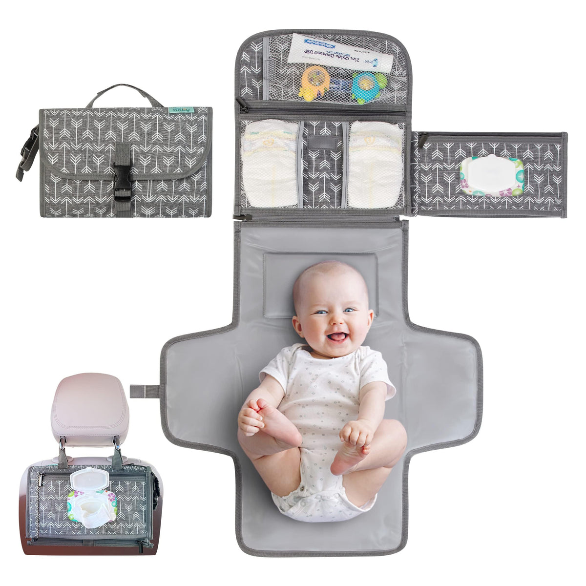 Kopi Baby Portable Diaper Changing Pad, Wipes Pocket, Classic Black Arrows