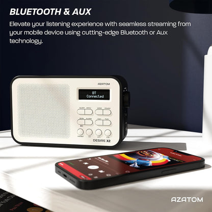 DAB/DAB+ & FM Portable Digital Radio | Simple Controls | Dual Alarms & Sleep Timer | Battery & Mains Powered (4x”AA”) | Bluetooth | Perfect for Home, Office or Outdoors | AZATOM Desire X2 (Black)
