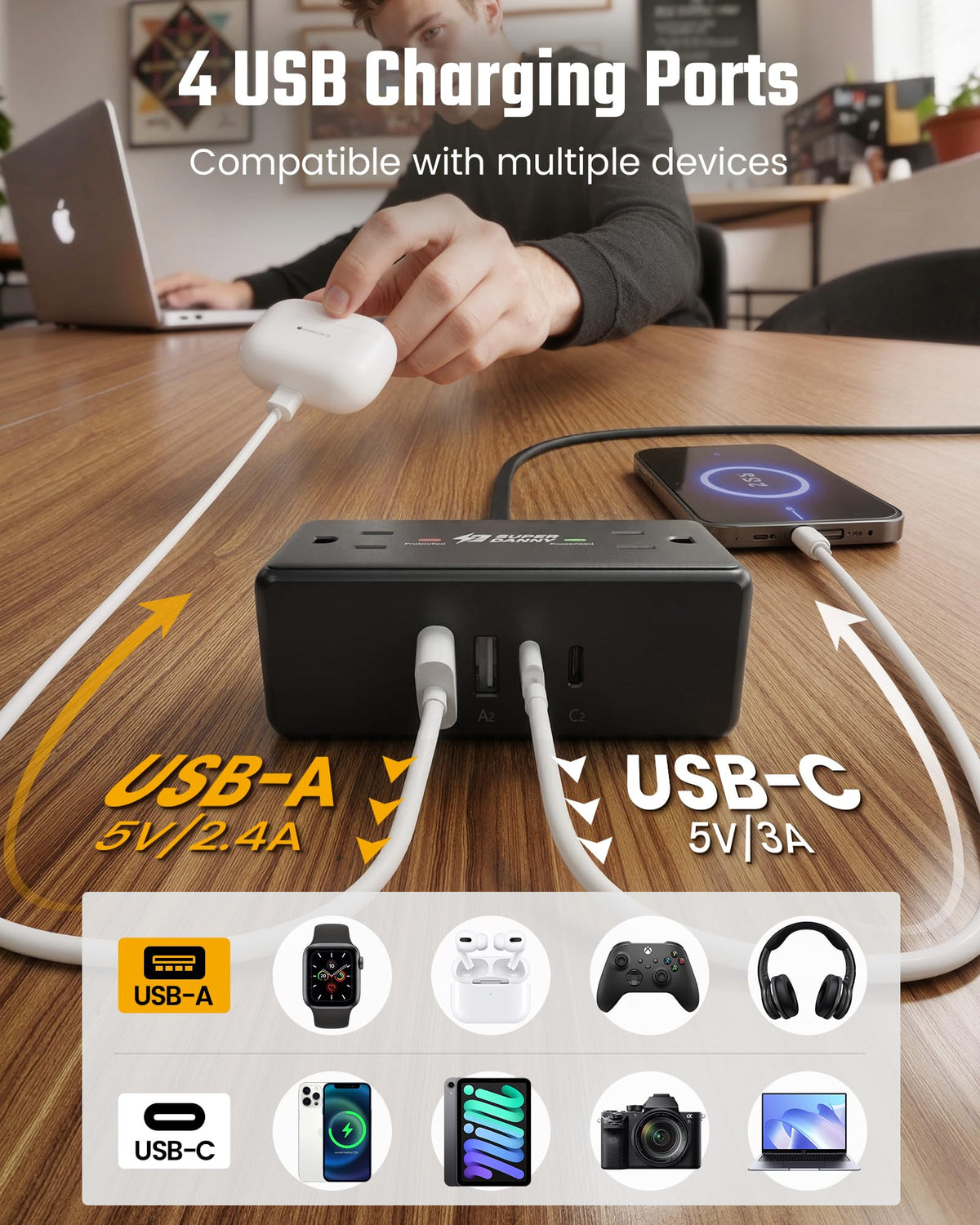 10Ft Long Extension Cord, SUPERDANNY Flat Plug Surge Protector Power Strip