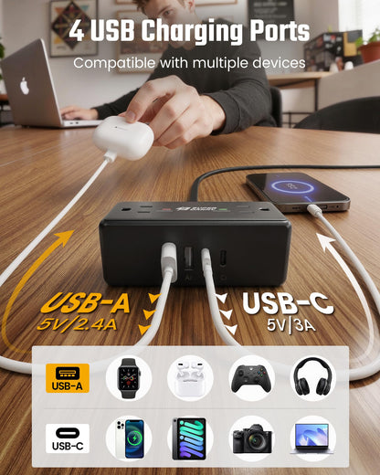 10Ft Long Extension Cord, SUPERDANNY Flat Plug Surge Protector Power Strip