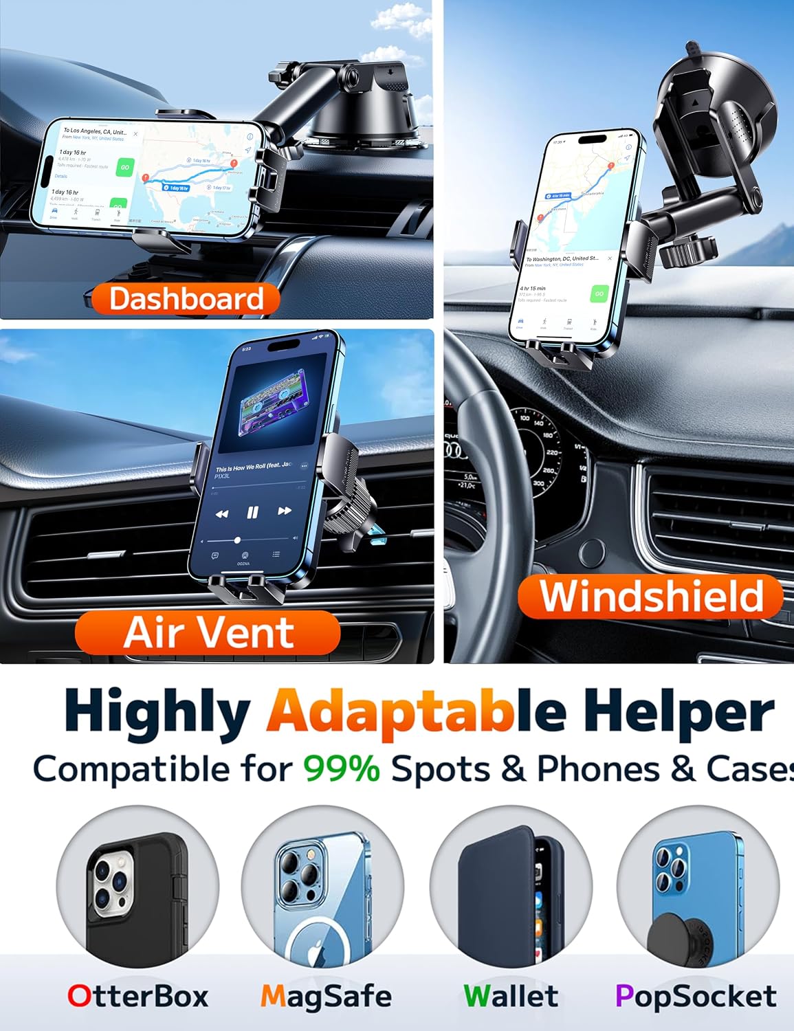 Qifutan Dash Mounted Holders Phone Holders for Your Car Phone Mount for Car Windshield Dashboard Air Vent Universal Pads Mats Mounts Hands Free Automobile Cell Phone Holder Fit for iPhone Smartphone