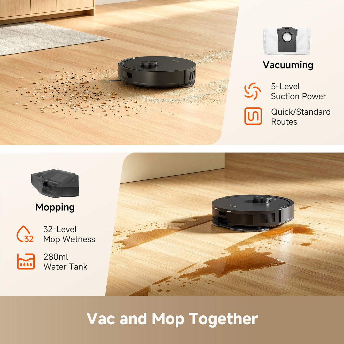 dreame D20 Pro Plus Robot Vacuum and Mop, Detangling DuoBrush for Pet Hair