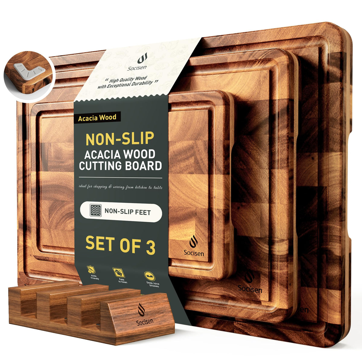 End Grain Cutting Board for Kitchen with Non-slip Feet, Acacia Wood