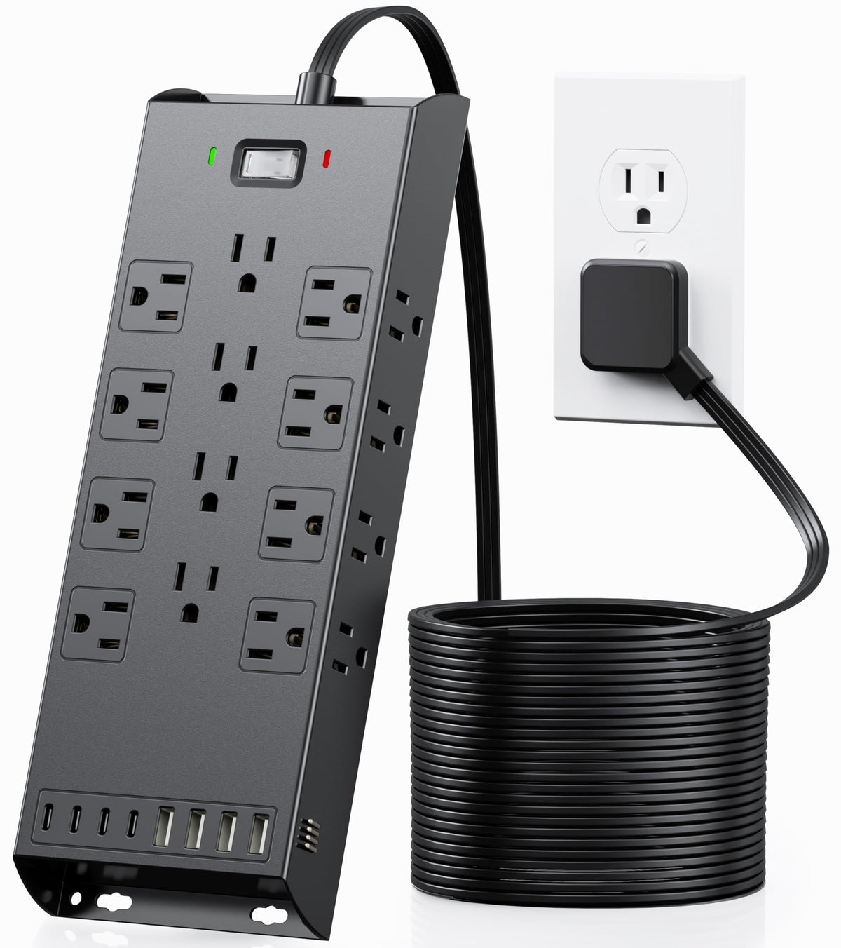 Surge Protector Power Strip 4800J, LeZone 10Ft Long Extension Cord Flat Plug, 20 Outlets 4 USB-A 4 USB-C Ports, Wall Mountable, Home Office Dorm Essentials, Black