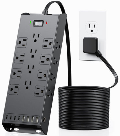 Surge Protector Power Strip 4800J, LeZone 10Ft Long Extension Cord Flat Plug, 20 Outlets 4 USB-A 4 USB-C Ports, Wall Mountable, Home Office Dorm Essentials, Black