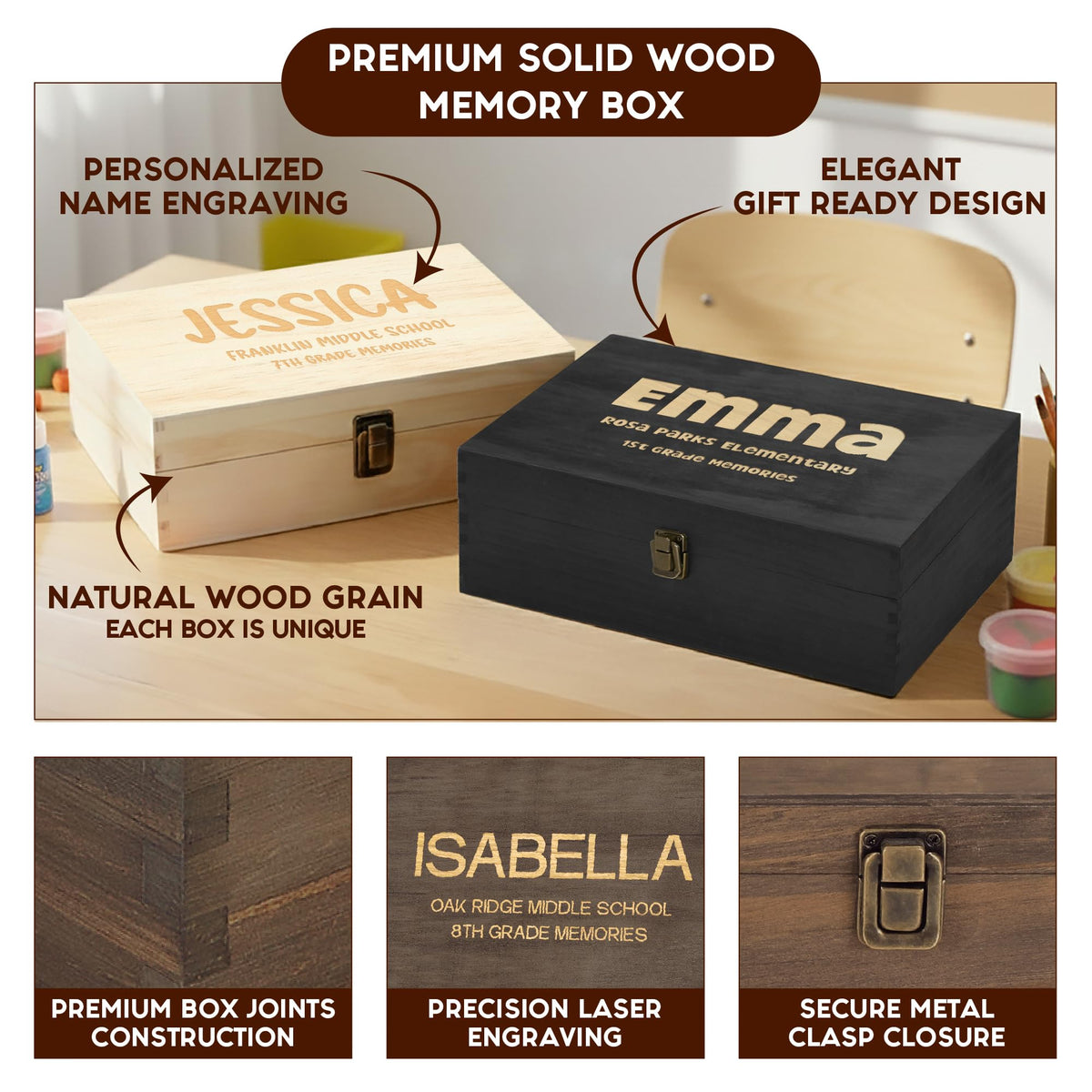 Personalized Wooden Keepsake Box, Custom Engraved Memory Box with Lid