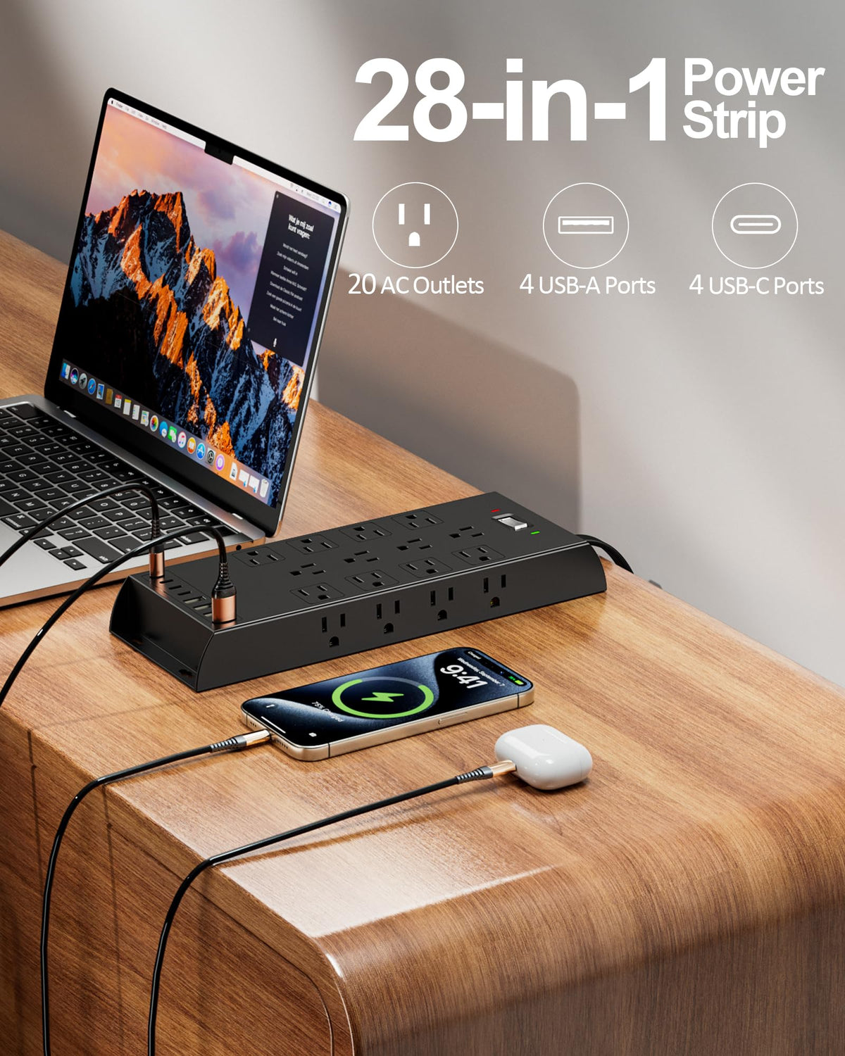 Surge Protector Power Strip 4800J, LeZone 10Ft Long Extension Cord Flat Plug, 20 Outlets 4 USB-A 4 USB-C Ports, Wall Mountable, Home Office Dorm Essentials, Black