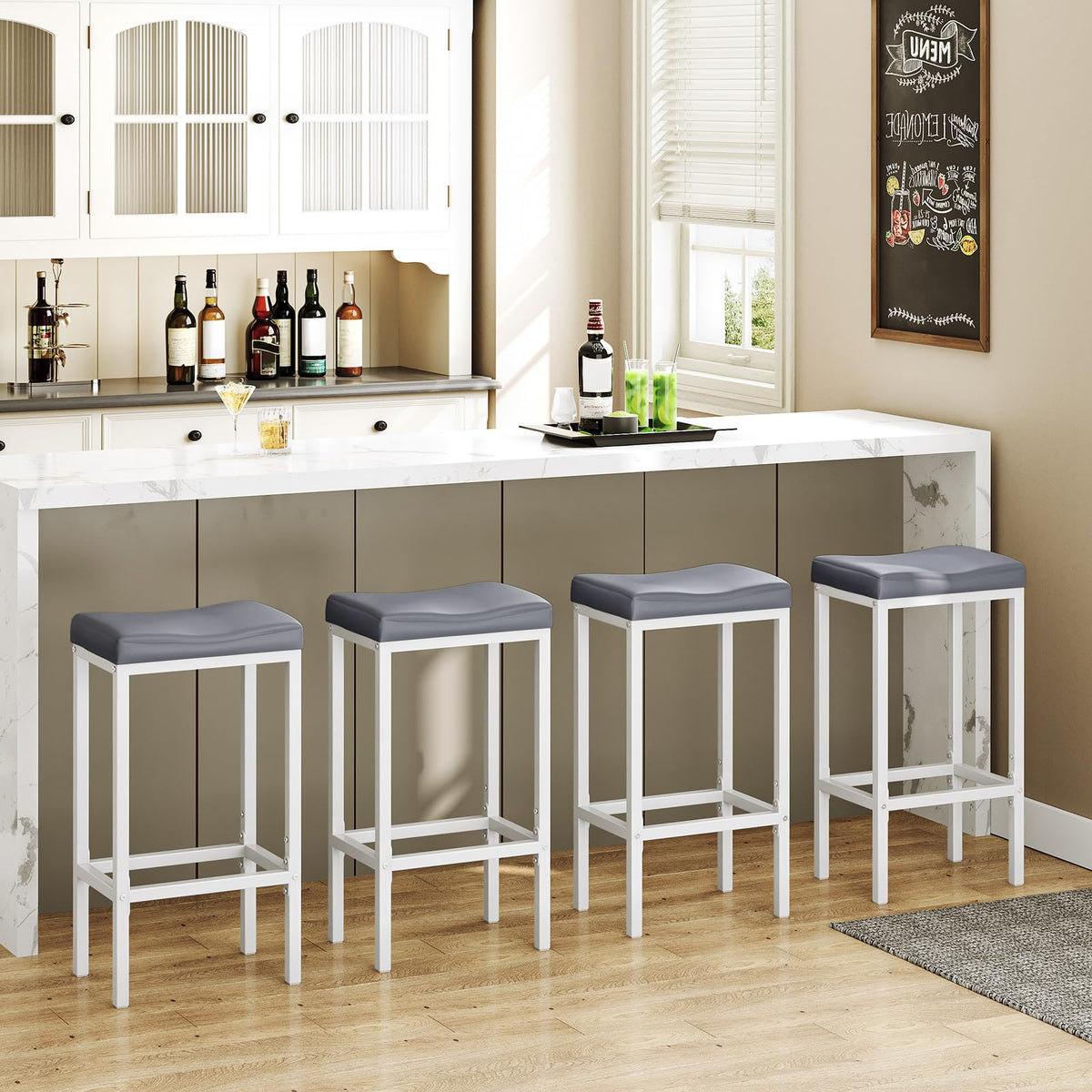 HOOBRO Bar Stools, Set of 2 Bar Chairs, Counter Height Stools, Saddle Barstools with Curved Surface, 24.8 Inches, 2.4" Thick Upholstery, for Kitchen, Dining Room, Cafe Black BB10BY01