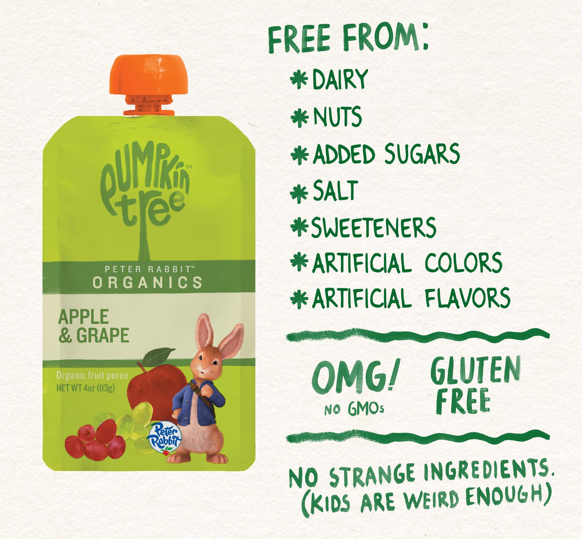 Pumpkin Tree Peter Rabbit Organics, Banana, Mango, and Kale, 4 Squeeze Pouch, Mango, Broccoli & Kale, 4.4 Ounce (Pack of 10)