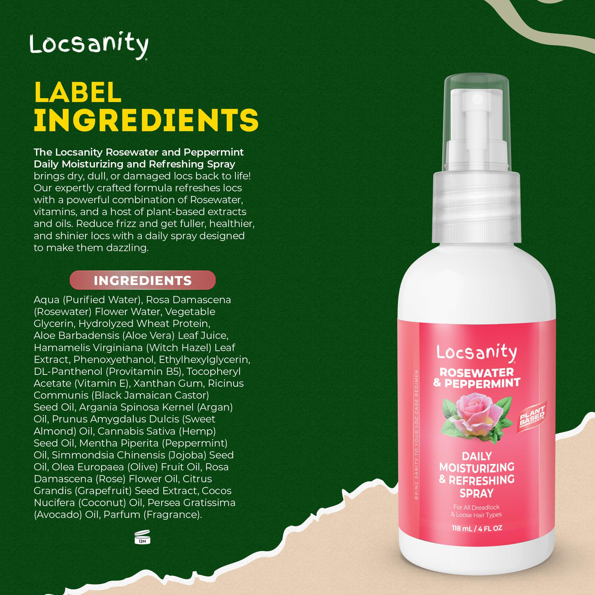 Loc Spray - Locsanity Daily Moisturizing Rosewater & Peppermint Spray for Locs, Dreadlocks - Lightweight Frizz Control Hair & Scalp Moisturizer - Natural Loc Care (8 fl oz)