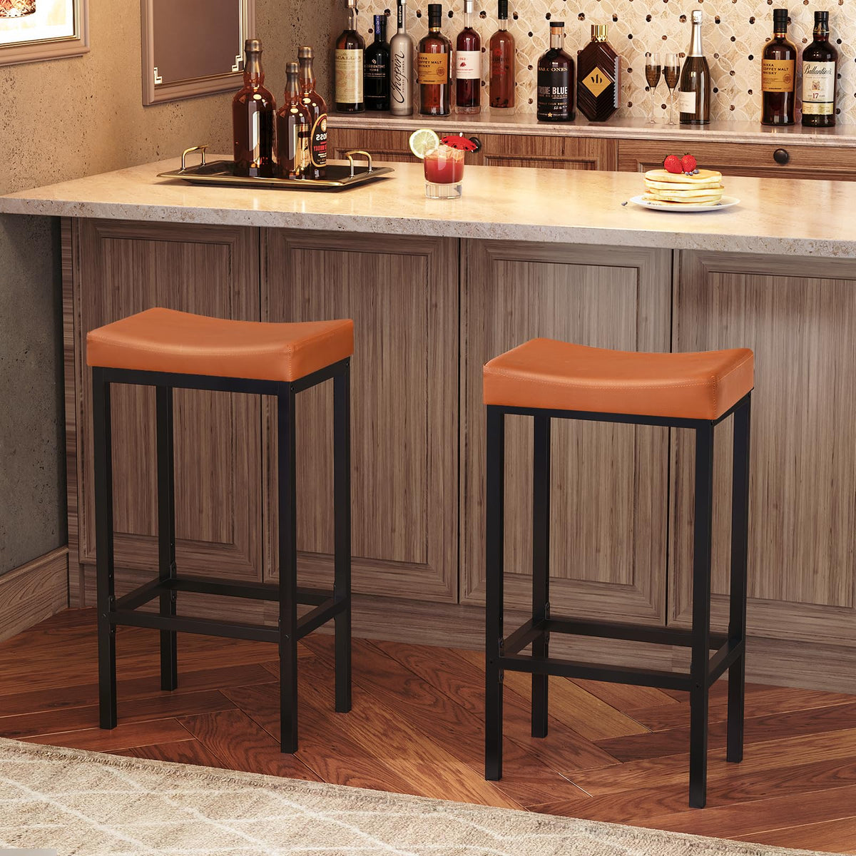 HOOBRO Bar Stools, Set of 2 Bar Chairs, Counter Height Stools, Saddle Barstools with Curved Surface, 24.8 Inches, 2.4" Thick Upholstery, for Kitchen, Dining Room, Cafe Black BB10BY01