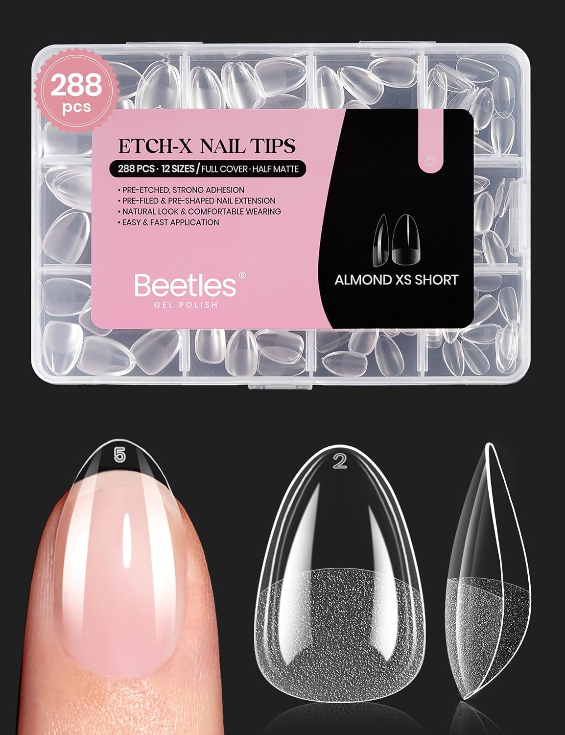 Beetles Soft Gel Nail Kit Almond Short 288pcs 12 Sizes Nail Tips with Glue