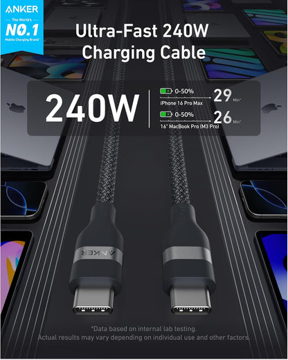 Anker Nano USB C to USB C Cable, 240W Fast Charging Cable (Black, 10ft)