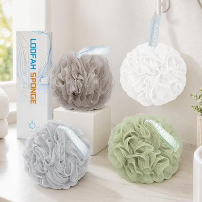 AmazerBath Loofah Sponge 75g/Piece, Exfoliating Bath Sponge Body Scrubber - Loofa Set of 4 Flower Color (Large, Green-Purple)