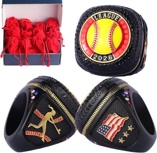 12 pcs Pack Date 2026 League Softball Sports Awards Championship Trophy Ring Size 9.5 Softball League Awards,Softball Team Awards,Softball Players Awards
