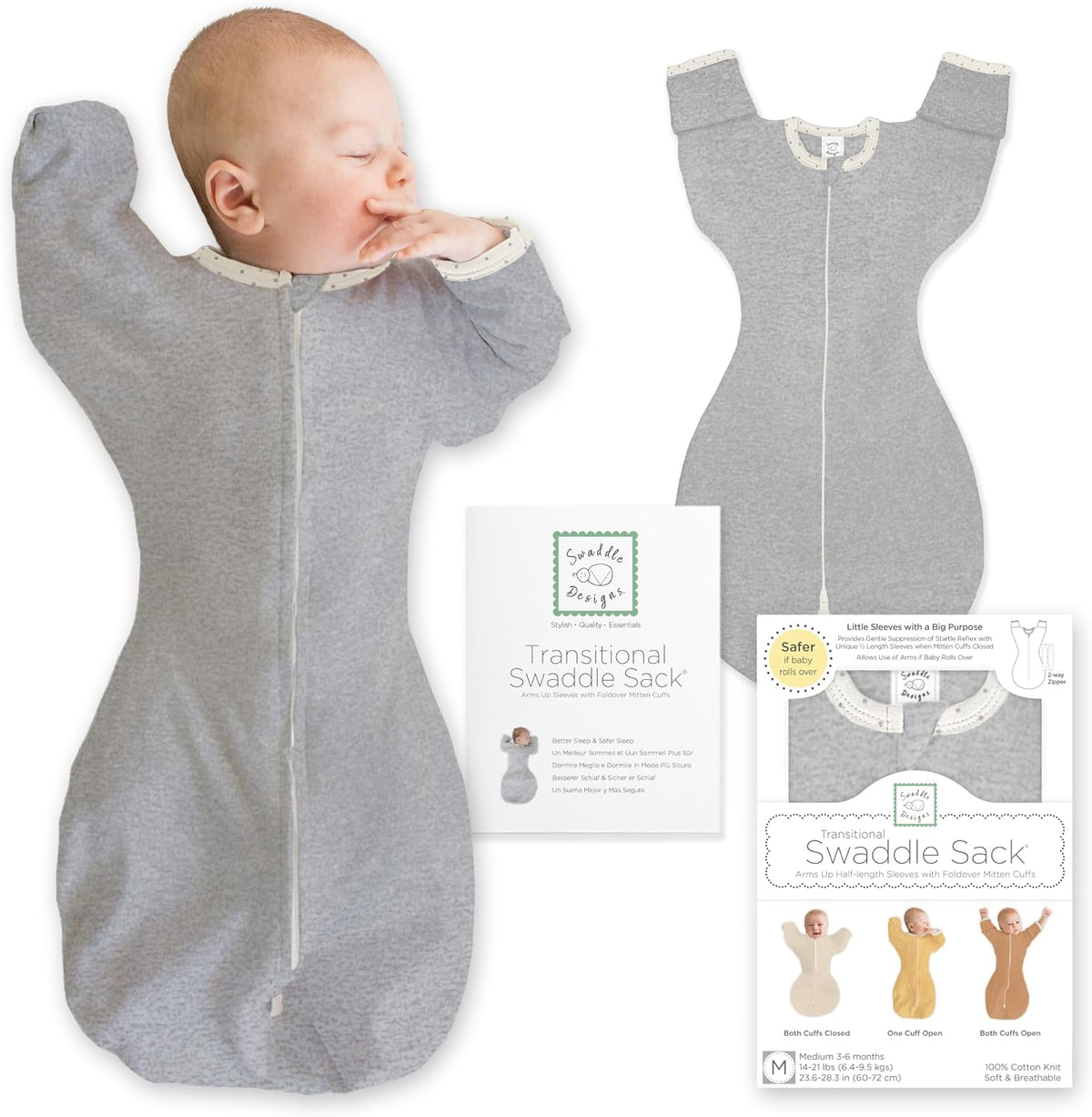 SwaddleDesigns Transitional Swaddle Sack, Cotton, Heathered Gray, 6-9mo