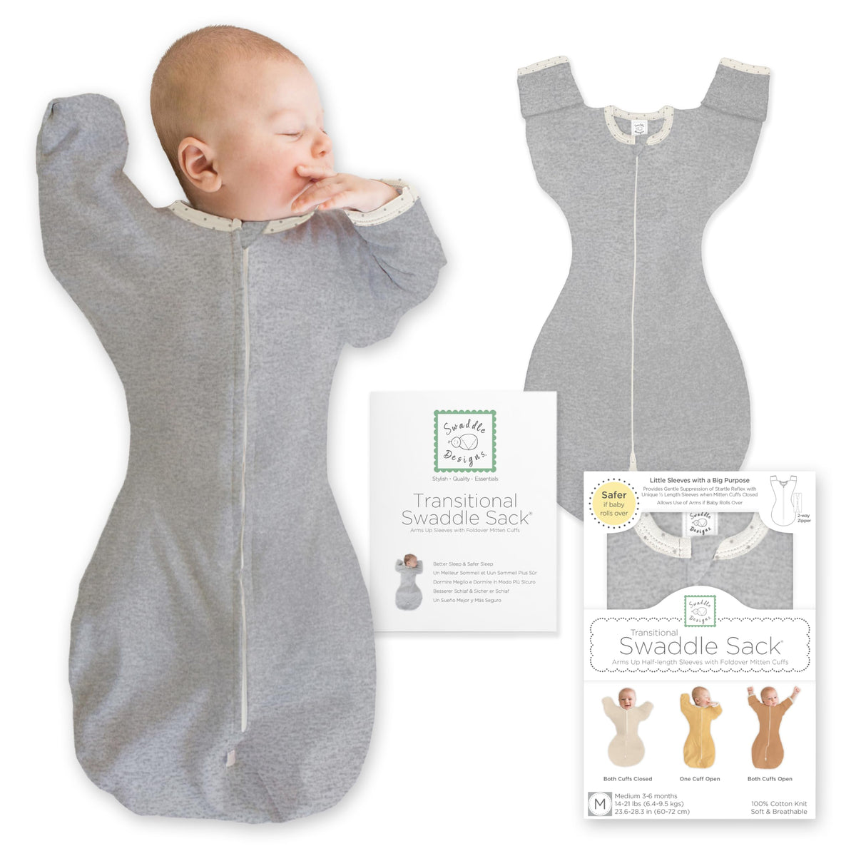 SwaddleDesigns Transitional Swaddle Sack, Cotton, Heathered Gray, 6-9mo