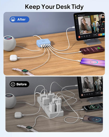 USB Fast Charger Block 50% Smaller 100W Max 6-Port GaN USB Charging Station