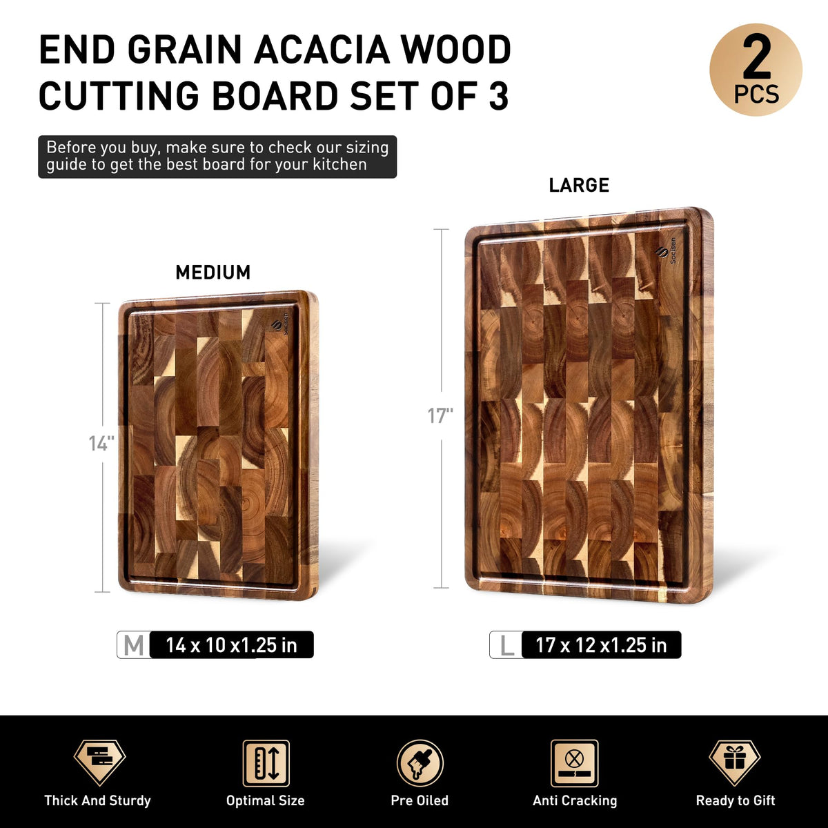 End Grain Cutting Board for Kitchen with Non-slip Feet, Acacia Wood