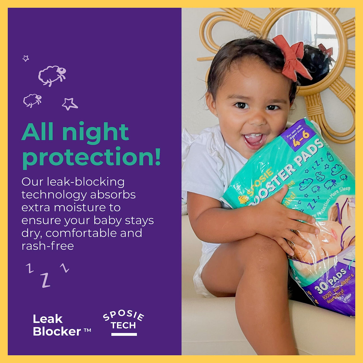Sposie Overnight Diaper Booster Pads, Stop Diaper Leaks, Size 4-6, 90 Ct