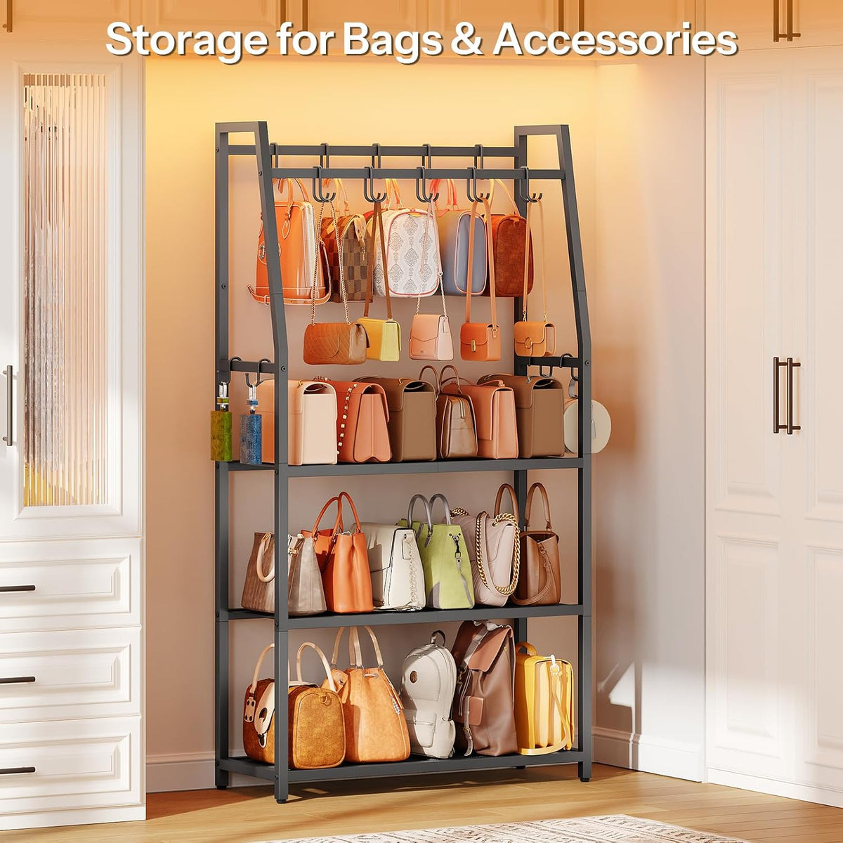 HOOBRO 3-Tier Purse Organizer for Closet, Purse Rack Stand with 14 Hooks