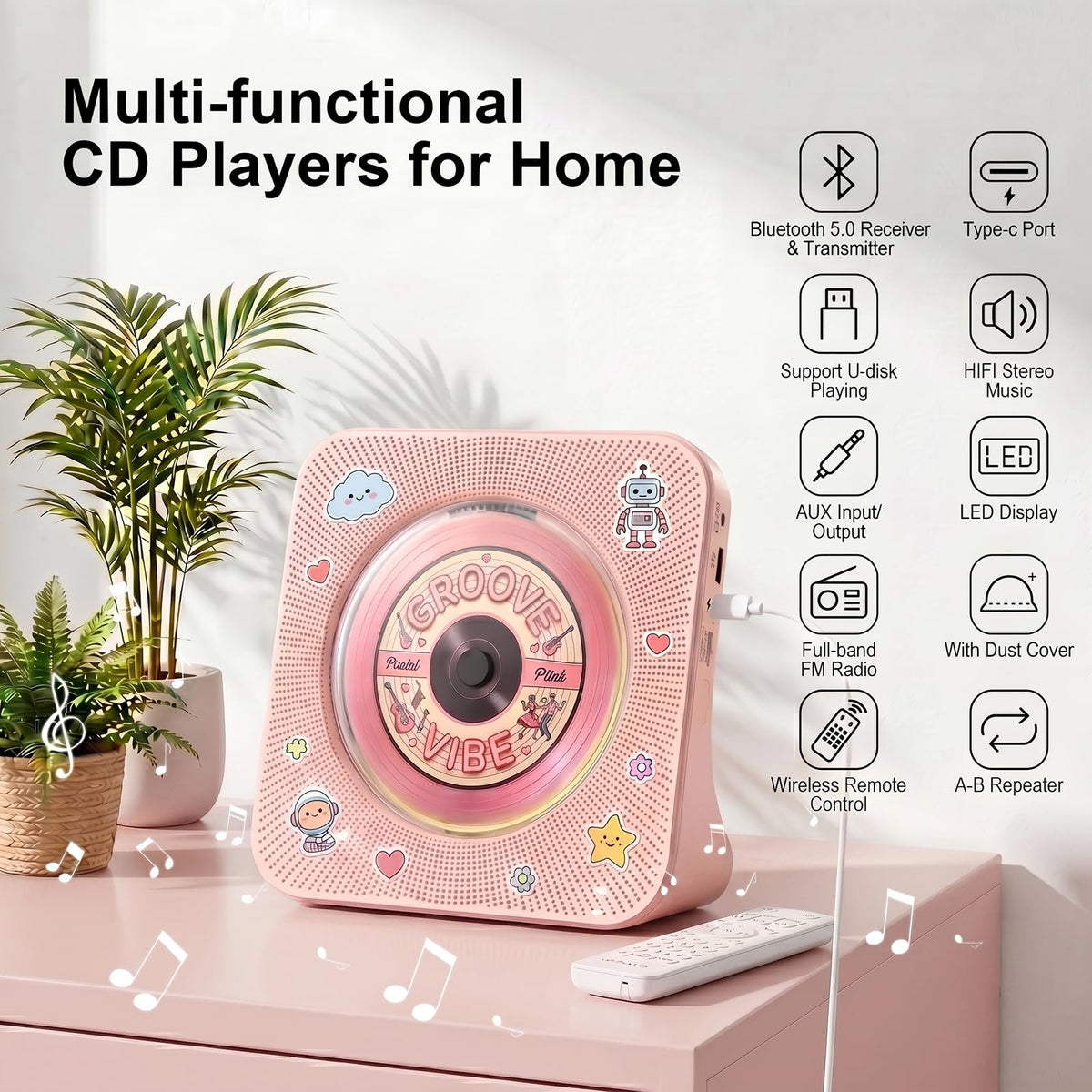 Gueray CD Player Portable Bluetooth Desktop CD Player for Home (Black)