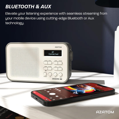 DAB/DAB+ & FM Portable Digital Radio | Simple Controls | Dual Alarms & Sleep Timer | Battery & Mains Powered (4x”AA”) | Bluetooth | Perfect for Home, Office or Outdoors | AZATOM Desire X2 (Black)