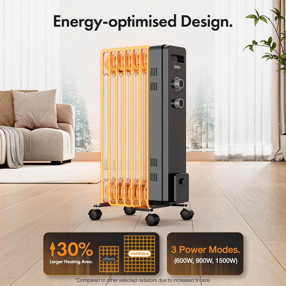VonHaus Oil Filled Radiator 11 Fins – 2500W, 3 Heat Settings, 24 Hour Timer