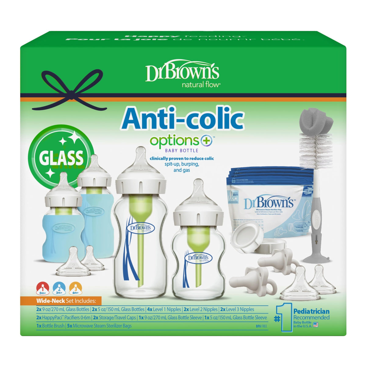 Dr. Brown's Anti-Colic Options+ Wide-Neck Glass Baby Bottle, 5 oz, 1-Pack