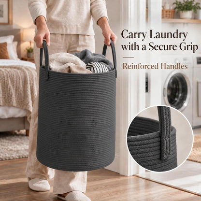 JMvicyroam 80L Nursery Hamper, Cotton Rope Laundry Basket, Brown&Black