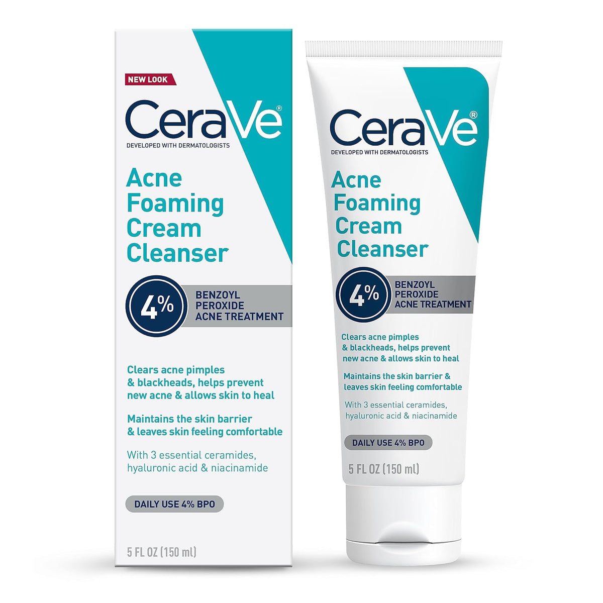 CeraVe Foaming Acne Cream Cleanser, Face Wash with 4% Benzoyl Peroxide, 5oz