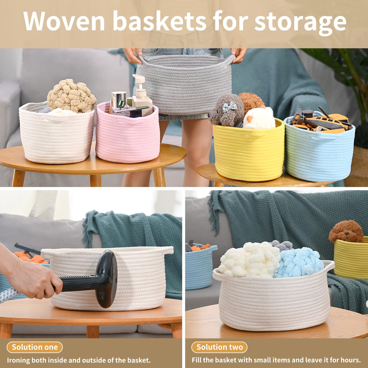Happyiren Brown Woven Cotton Rope Storage Basket with Lace Trim