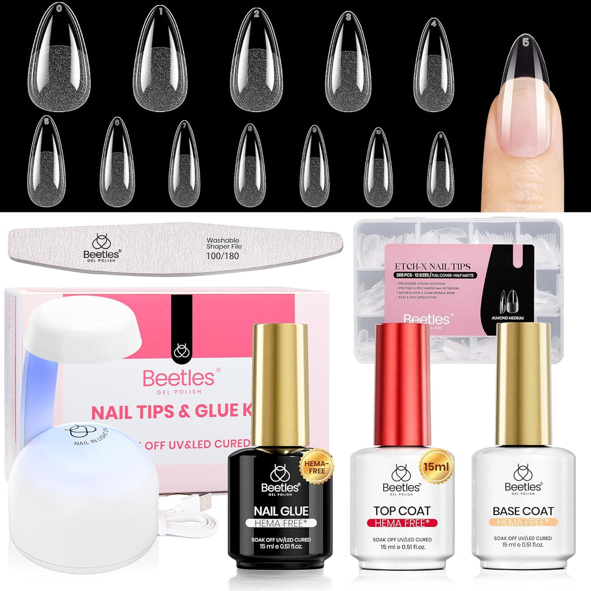 Beetles Soft Gel Nail Kit Almond Short 288pcs 12 Sizes Nail Tips with Glue