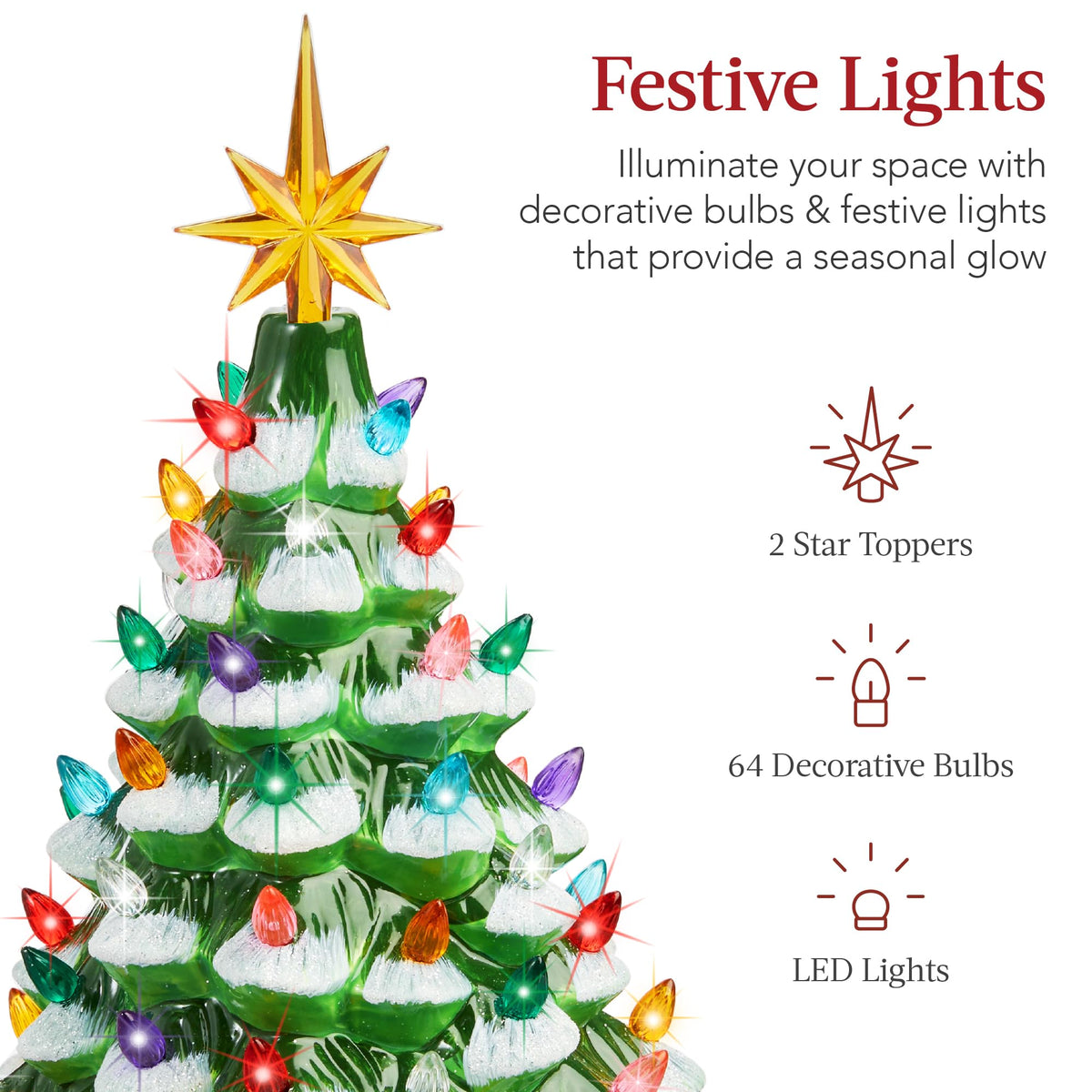 Best Choice Products 15in Ceramic Christmas Tree, Pre-lit Hand-Painted Tabletop Holiday Tree, Star Topper, 64 Lights - Green w/Multicolored Bulbs
