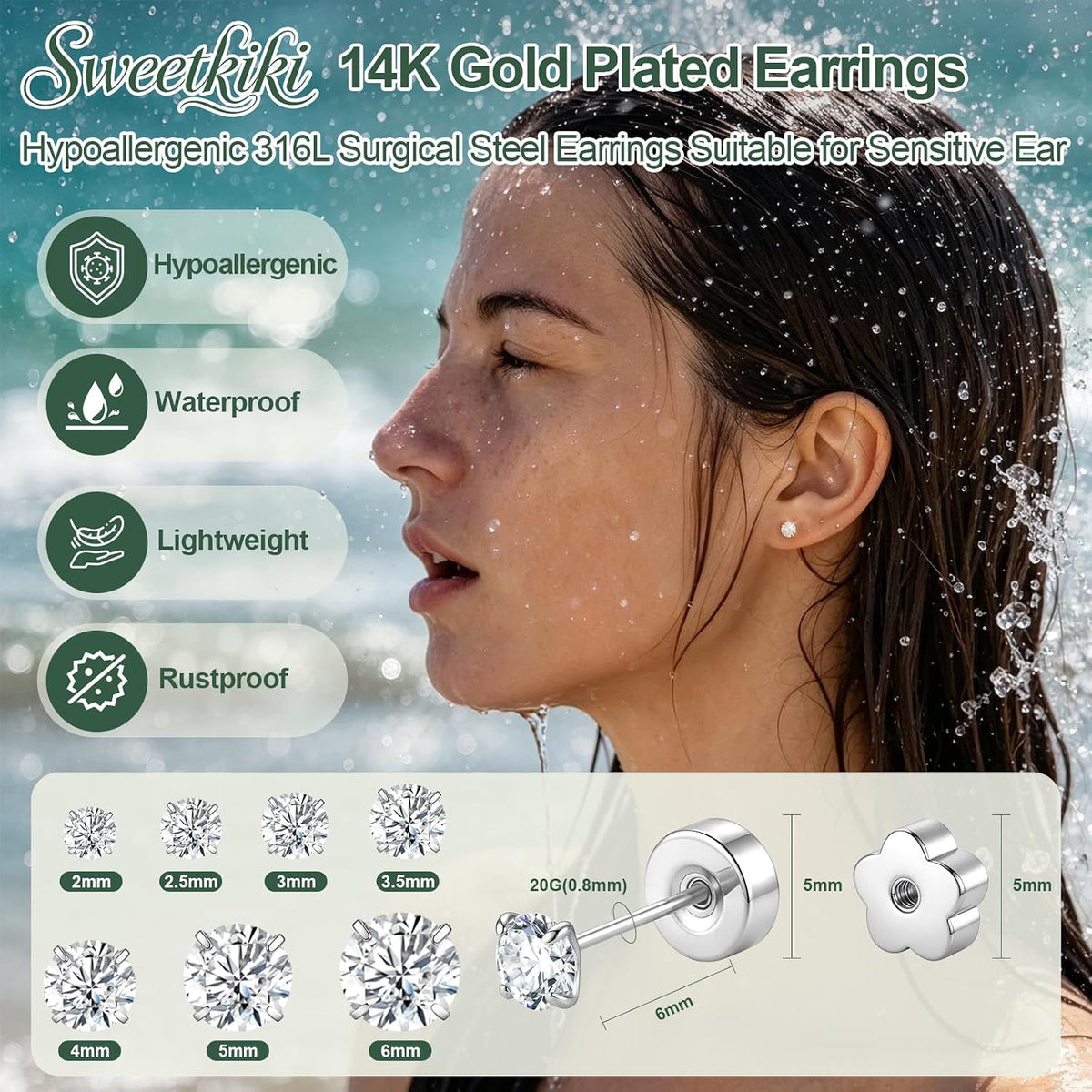 Flat Back Stud Earrings for Women Men 20G Hypoallergenic Surgical Steel Set
