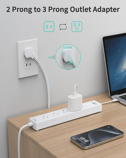 5 Outlets 2 Prong Power Strip with 3USB, 6FT Extension Cord for Old House