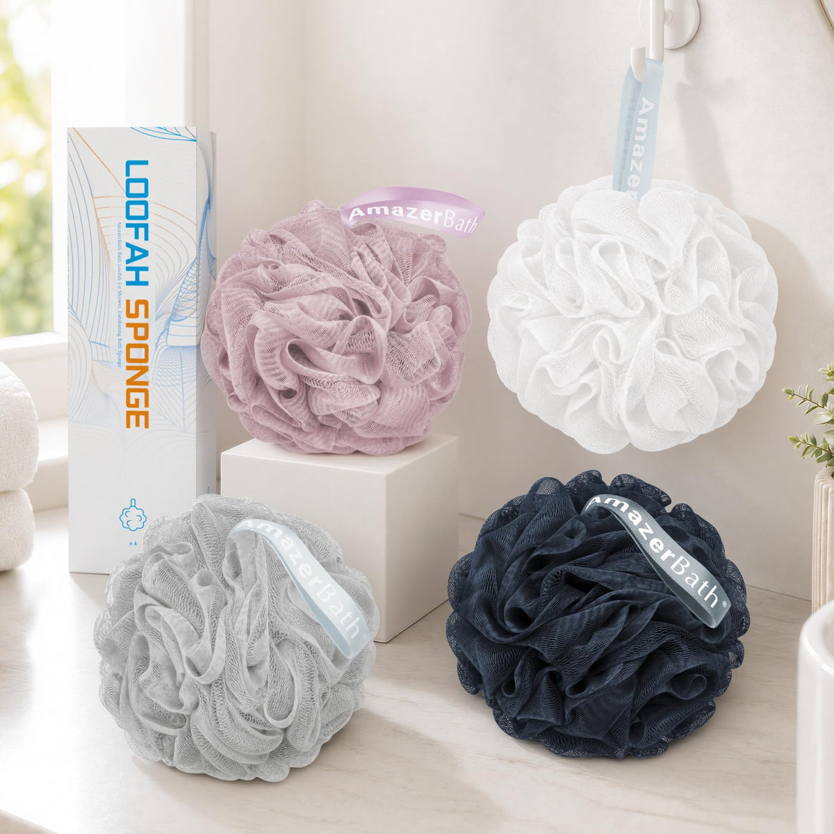 AmazerBath Loofah Sponge 75g/Piece, Exfoliating Bath Sponge Body Scrubber - Loofa Set of 4 Flower Color (Large, Green-Purple)