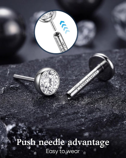 2Pcs Implant Titanium Threadless Flat Back 5A CZ Stud Earrings