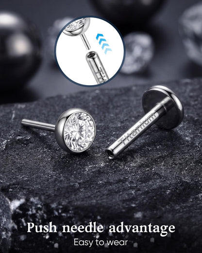 2Pcs Implant Titanium Threadless Flat Back 5A CZ Stud Earrings