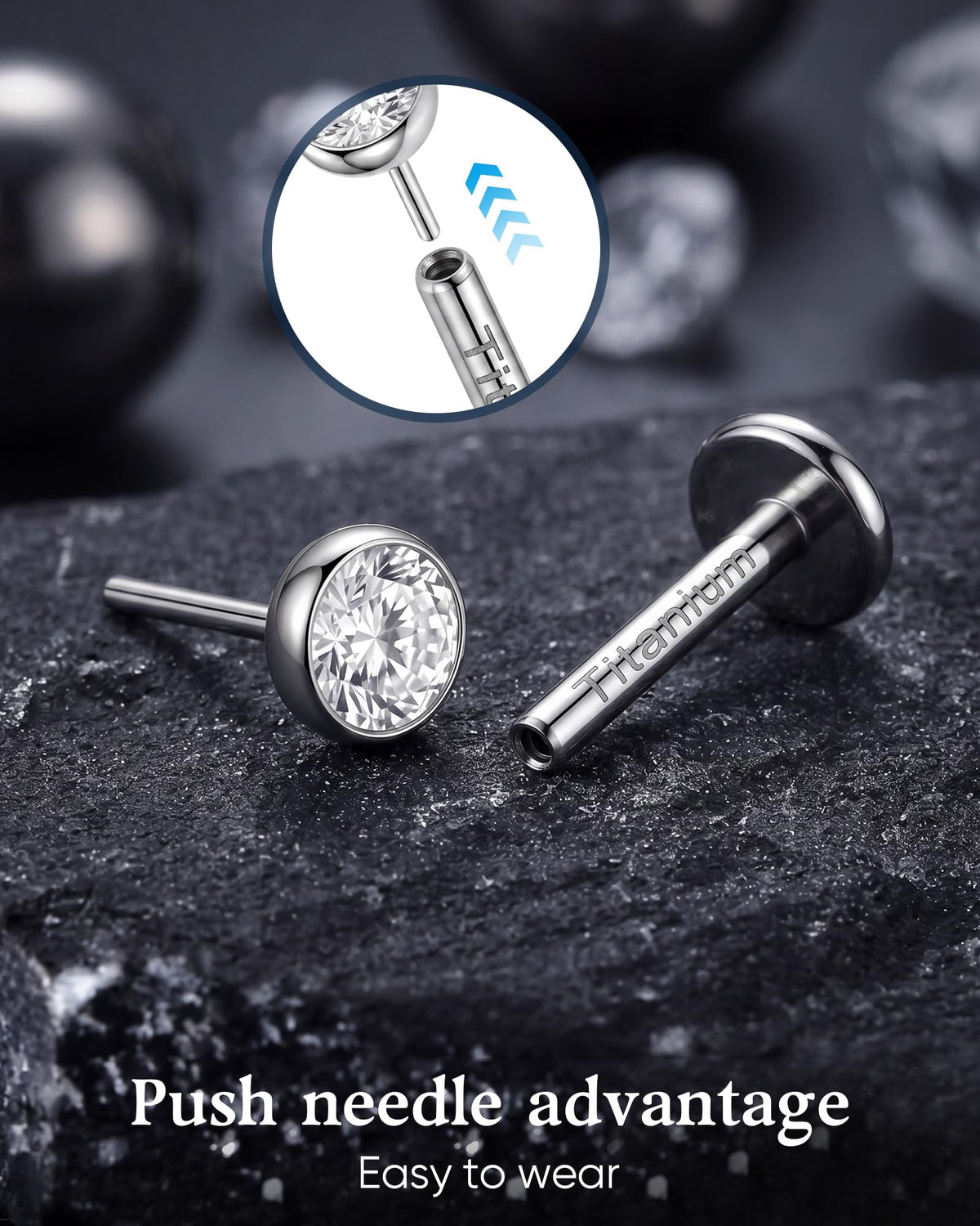 2Pcs Implant Titanium Threadless Flat Back 5A CZ Stud Earrings