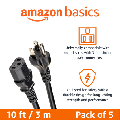 Amazon Basics Replacement Power Cord for Computer, Monitor, TV, Printer, PC, 3 Prong, 18 AWG, 125 Volts, 10 Feet, Black
