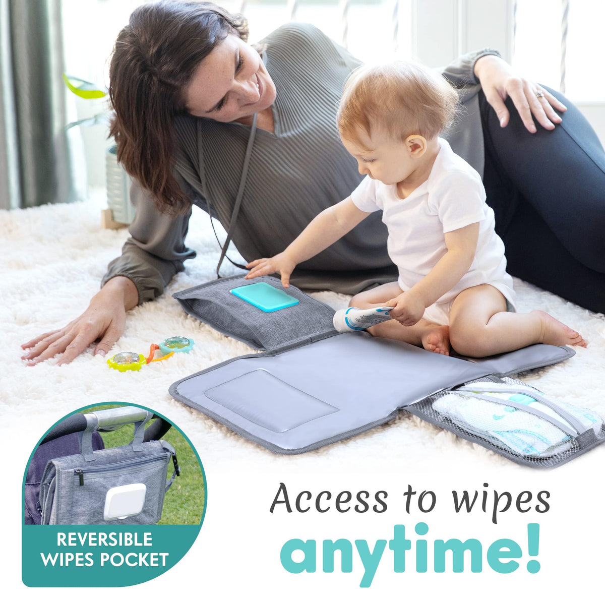 Kopi Baby Portable Diaper Changing Pad, Wipes Pocket, Classic Black Arrows