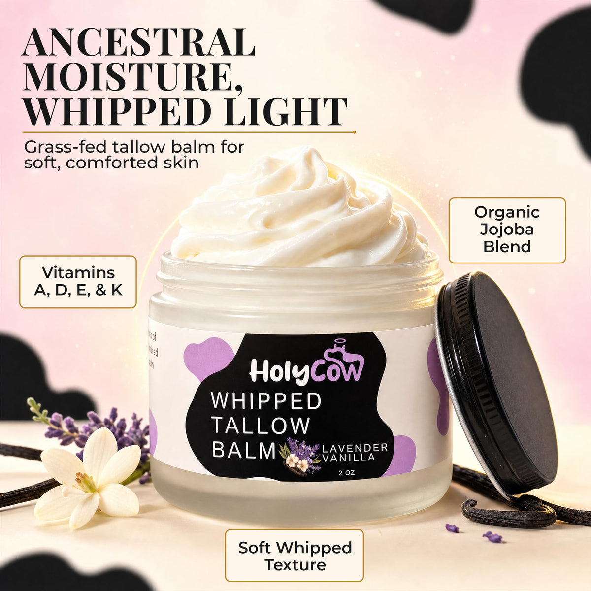 HolyCow Grass Fed Beef Tallow For Skin with Jojoba Oil, 2 Ounce - Unscented