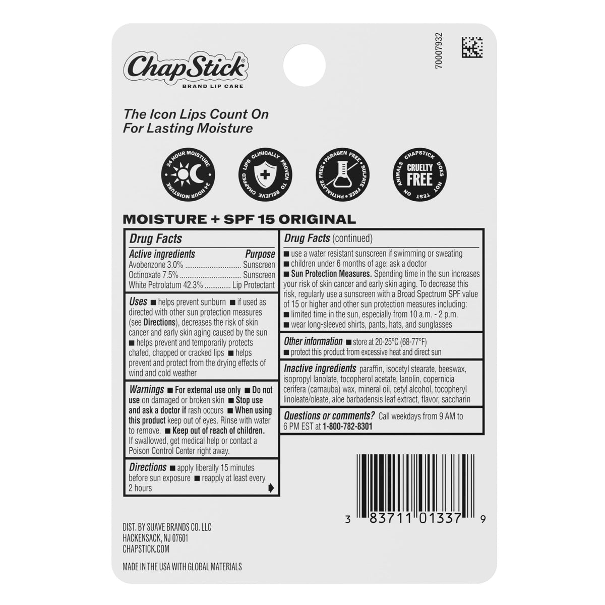 ChapStick Moisturizer Original Lip Balm Tubes, SPF 15 and Skin Protectant - 0.15 Oz (Pack of 3)
