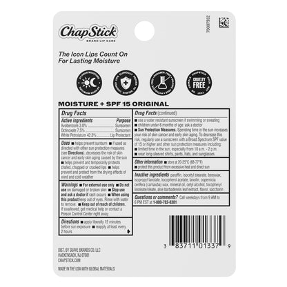 ChapStick Moisturizer Original Lip Balm Tubes, SPF 15 and Skin Protectant - 0.15 Oz (Pack of 3)