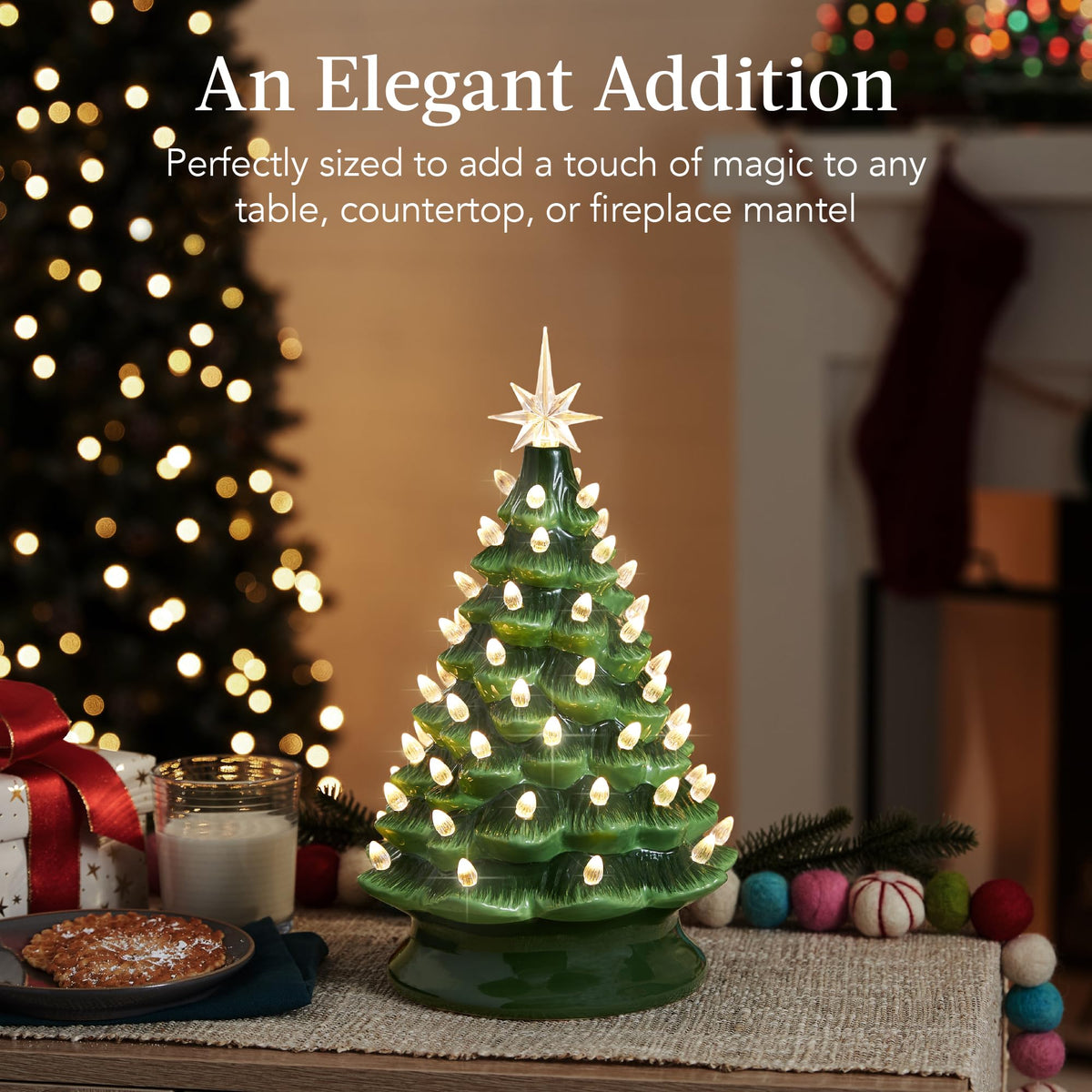 Best Choice Products 15in Ceramic Christmas Tree, Pre-lit Hand-Painted Tabletop Holiday Tree, Star Topper, 64 Lights - Green w/Multicolored Bulbs