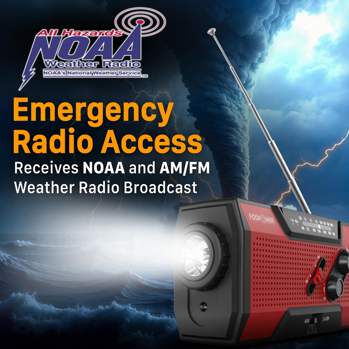 FosPower NOAA Emergency Weather Radio D8 37000mWh Portable Power Bank, AM/FM, USB/Solar/Hand Crank Charging, SOS Alarm & Flashlight for Indoor/Outdoor Emergency - Orange