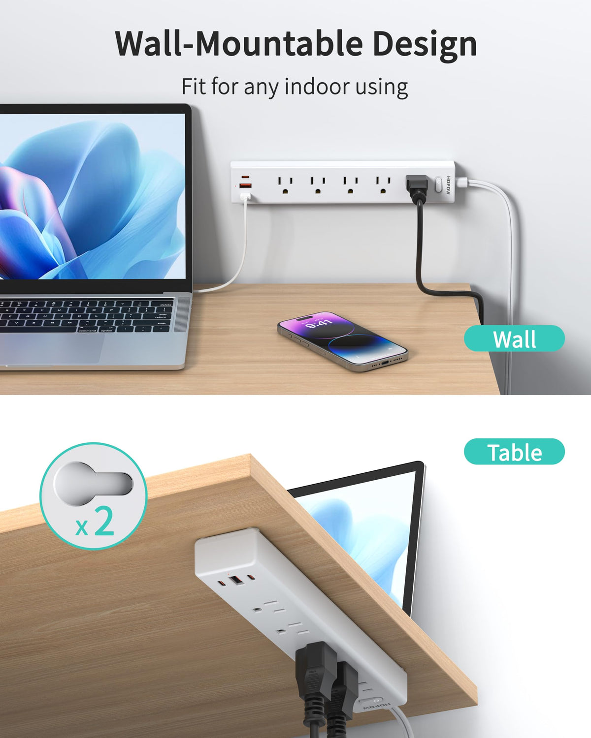 5 Outlets 2 Prong Power Strip with 3USB, 6FT Extension Cord for Old House