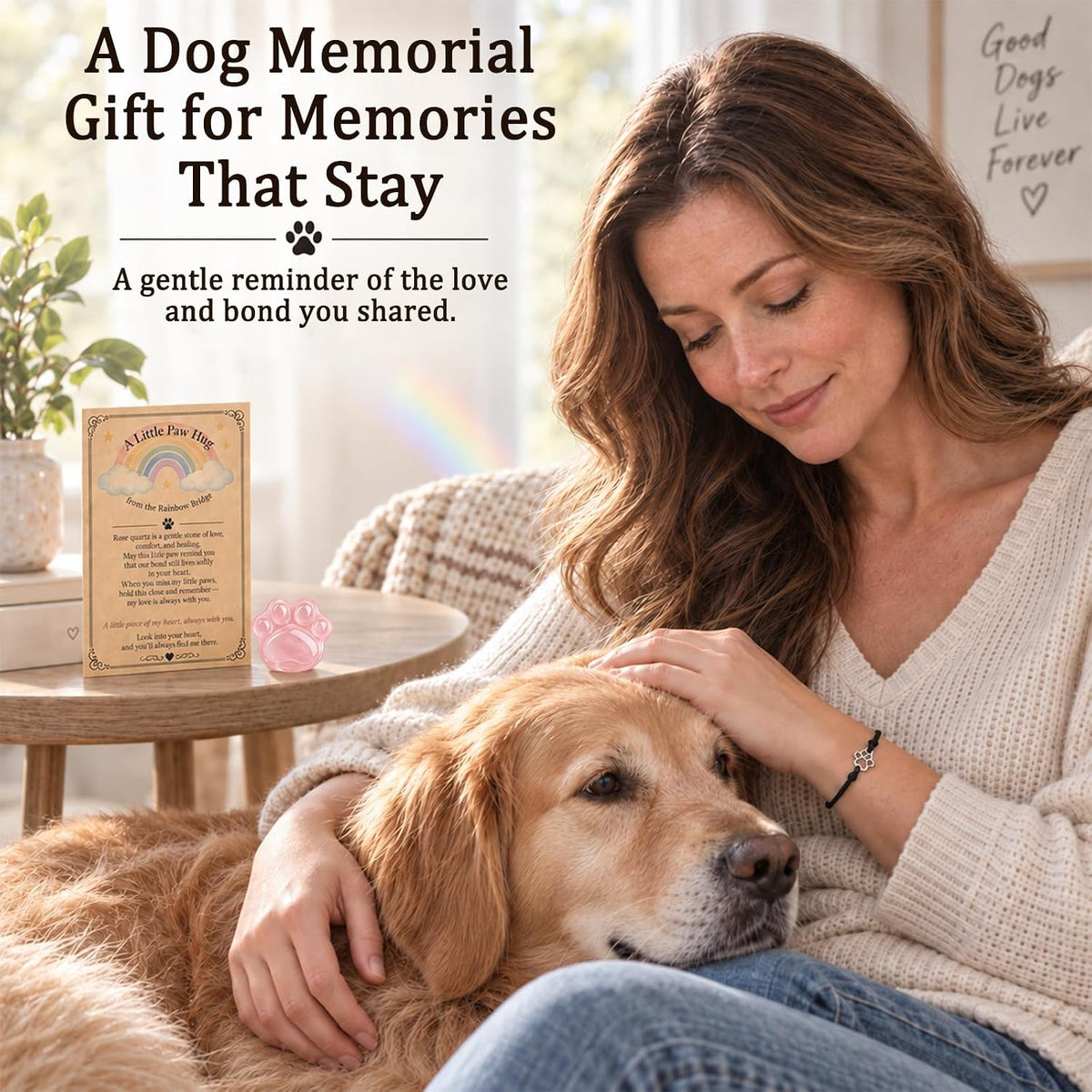 Dog Memorial Gifts for Loss of Dog, Rose Quartz Paw & Memorial Bracelet