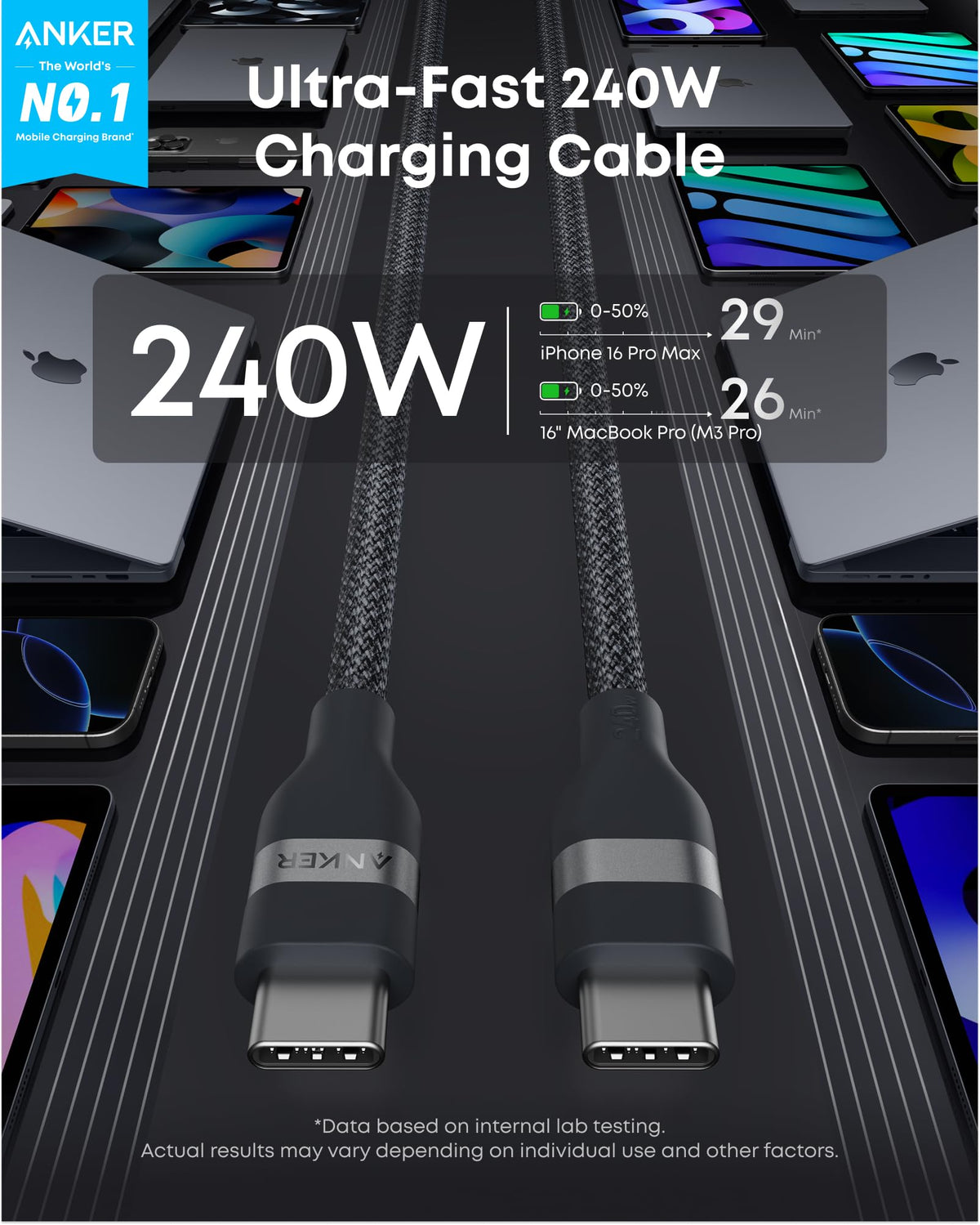Anker Nano USB C to USB C Cable, 240W Fast Charging Cable (Black, 10ft)